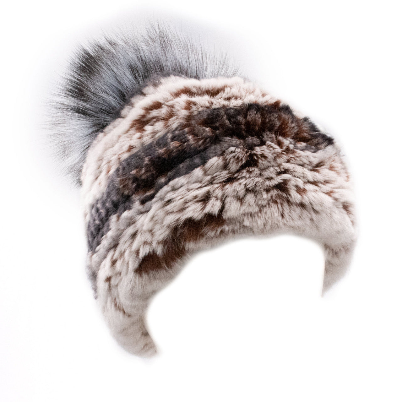 Limited Run Rex Rabbit Textile Knit Beanie with Fox Pom Brown White Tip with Blue Frost